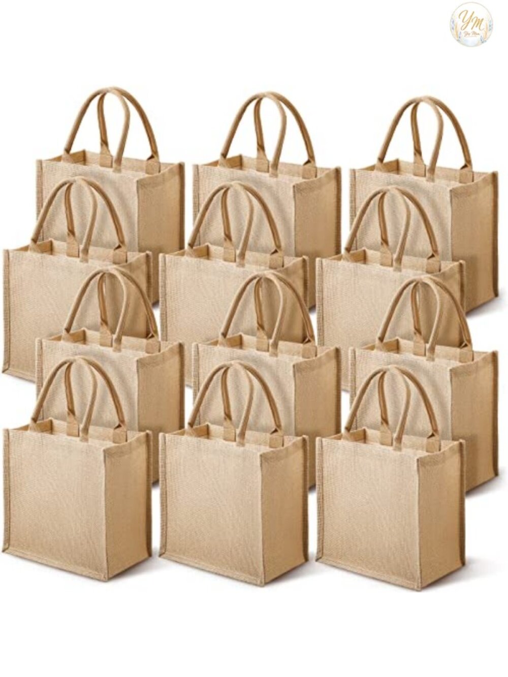 12 Pc Jute Burlap Reusable Tote Bags with Handles for Shopping & DIY